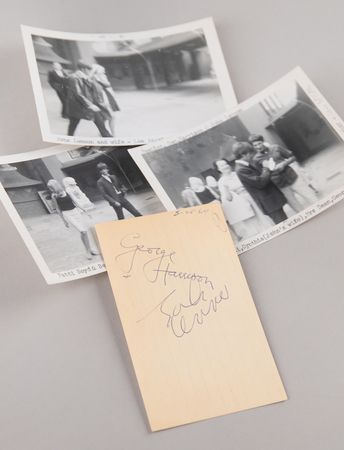 Lot #3027 John Lennon and George Harrison Signatures with (3) Original Candid Photographs - Obtained Outside Grauman's Chinese Theatre on May 25, 1964 - Image 1