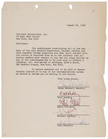 Lot #3227 Jimi Hendrix Experience Document Signed (1968) - Hendrix, Redding, and Mitchell Direct Payment of Royalties to their Management Team - Image 1