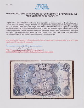 Lot #3005 Beatles Signed Bank of England 5-Pound Banknote - Image 3