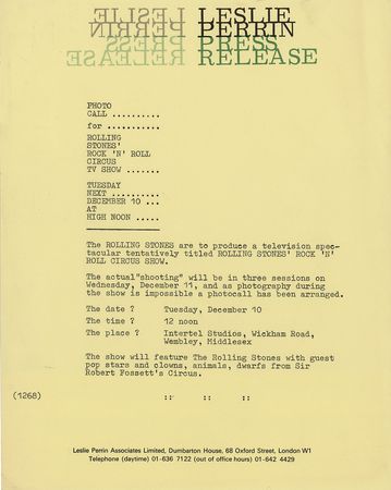 Lot #3268 Rolling Stones (3) Leslie Perrin Press Releases for The Rolling Stones Rock ‘n’ Roll Circus - Image 2