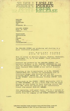 Lot #3268 Rolling Stones (3) Leslie Perrin Press Releases for The Rolling Stones Rock ‘n’ Roll Circus - Image 3