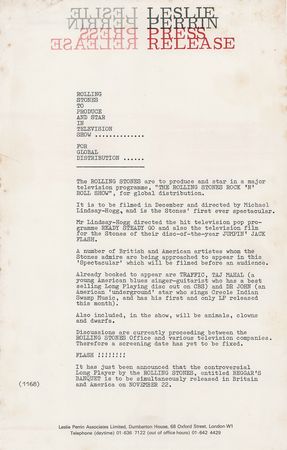 Lot #3268 Rolling Stones (3) Leslie Perrin Press Releases for The Rolling Stones Rock ‘n’ Roll Circus - Image 4