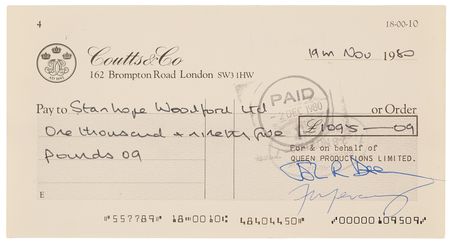 Lot #3351 Queen (3) Business Checks Signed by Each Band Member - Image 2