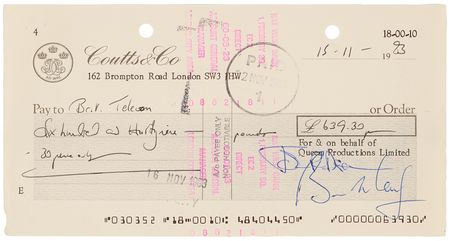 Lot #3351 Queen (3) Business Checks Signed by Each Band Member - Image 4