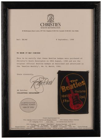 Lot #3157 Beatles Embroidered Fan Club Badge (c. 1964) - Image 1