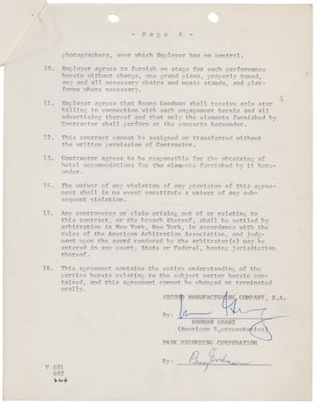 Lot #3374 Benny Goodman and Norman Granz Document Signed - Image 2
