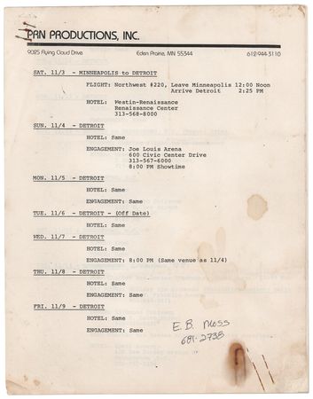 Lot #3652 Prince Purple Rain Tour Itinerary Documents - From the Collection of Susie Davis - Image 2