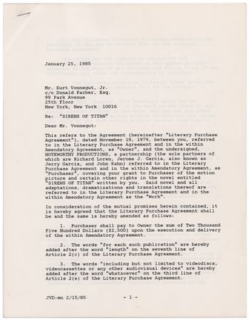 Lot #3313 Jerry Garcia and Kurt Vonnegut Document Signed for the Film Rights to 'The Sirens of Titan' - Image 2