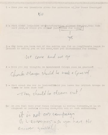 Lot #3024 John Lennon Handwritten 'John & Yoko Peace Club' Questionnaire: 