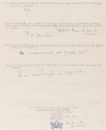 Lot #3024 John Lennon Handwritten 'John & Yoko Peace Club' Questionnaire: 