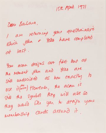Lot #3024 John Lennon Handwritten 'John & Yoko Peace Club' Questionnaire: 