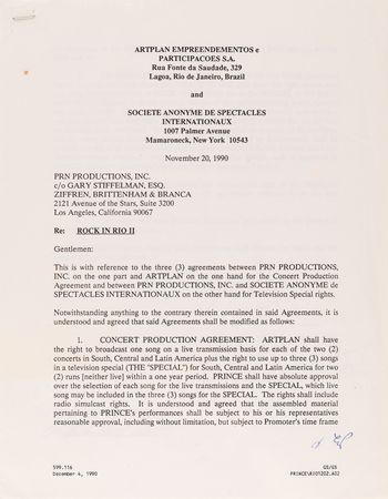 Lot #3633 Prince Document Signed for the 1991 'Rock in Rio 2' Festival - Image 2