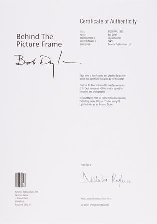 Lot #3221 Bob Dylan Oversized Signed Photograph (Ltd. Ed. #IV/IV) - Biograph, 1965 - Image 4