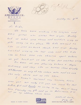 Lot #3395 Buddy Holly: Joe Mauldin Archive of (19) Early Letters and Postcards Dated to The Crickets' 1957-1958 Concert Tours - 