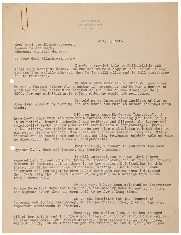 Lot 519 Harry Houdini Typed Letter Signed on Exposing Mediums