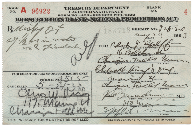 Lot 155 Prohibition: 1923 Liquor Prescription for Whiskey