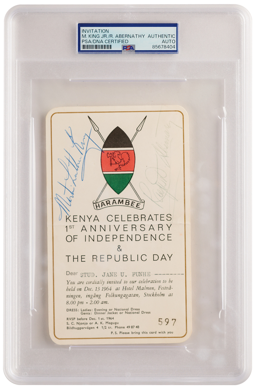 Lot 97 Martin Luther King, Jr. and Ralph Abernathy Signed 'Kenyan Anniversary' Invitation (December 13, 1964) - Three Days After Receiving the Nobel Peace Prize