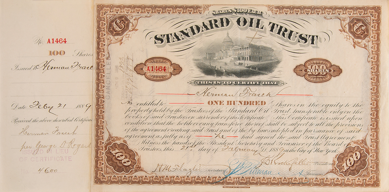 Lot 105 John D. Rockefeller and Henry M. Flagler Signed 'Standard Oil Trust' Stock Certificate - Issued to a Renowned Petroleum Chemist