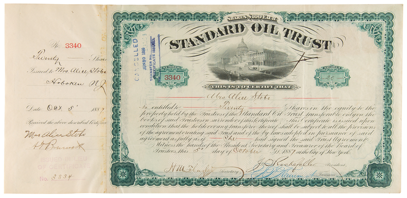Lot 104 John D. Rockefeller and Henry M. Flagler Signed 'Standard Oil Trust' Stock Certificate