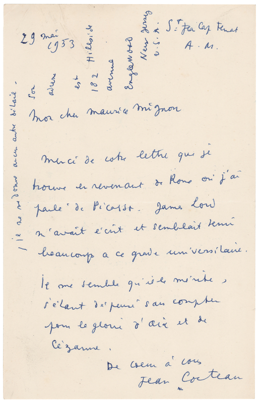 Lot 365 Jean Cocteau Autograph Letter Signed, Referring to Picasso