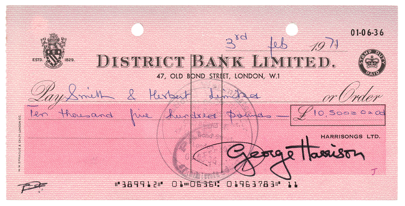 Lot 420 Beatles: George Harrison Signed Check - Dated to His Famous 'My Sweet Lord' Plagiarism Case