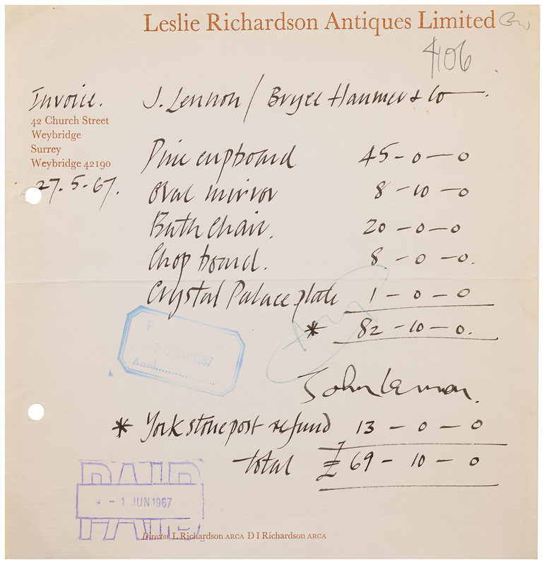 Lot 423 Beatles: John Lennon Signed 'Leslie Richardson Antiques' Invoice (1967)