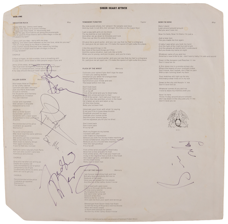Lot 433 Queen Signed Inner Album Sleeve - Sheer Heart Attack
