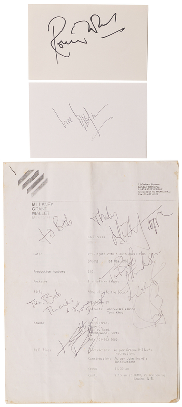 Lot 434 Rolling Stones Signed Music Video Call Sheet for 'One Hit (To the Body)'
