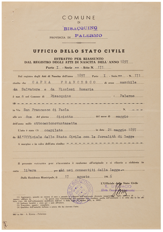Lot 553 Frank Capra's Birth Certificate