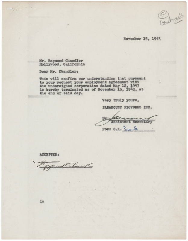 Lot 362 Raymond Chandler Document Signed for Paramount Pictures