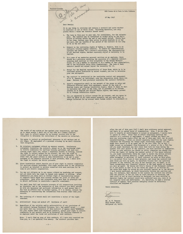 Lot 361 Raymond Chandler Document Signed, Outlining Terms for an Agency Contract