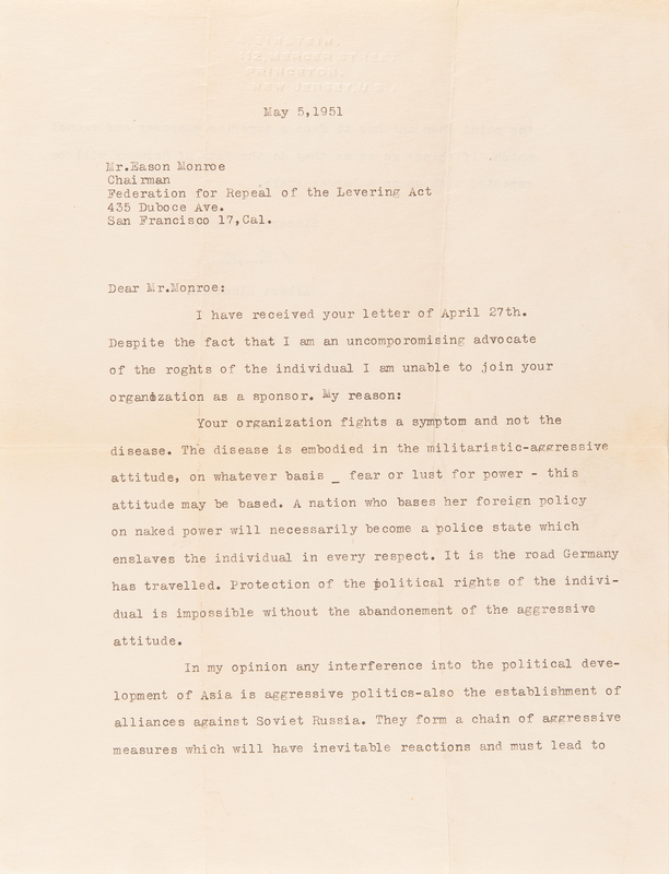 Lot 111 Albert Einstein Typed Letter Signed on McCarthyism and Cold War Aggression: 