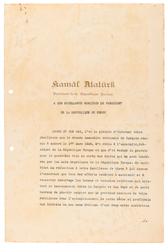 Lot 123 [Mustafa Kemal Ataturk] Official Letter of State to the President of Peru, Announcing His Re-election as President of Turkey