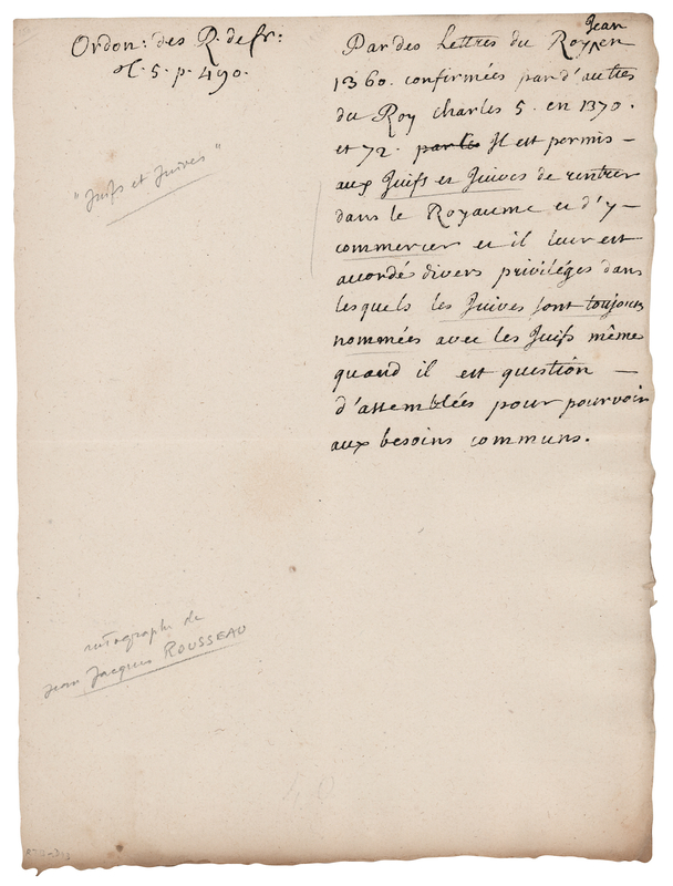 Lot 160 Jean-Jacques Rousseau Handwritten Manuscript on Medieval Jewish Laws in France