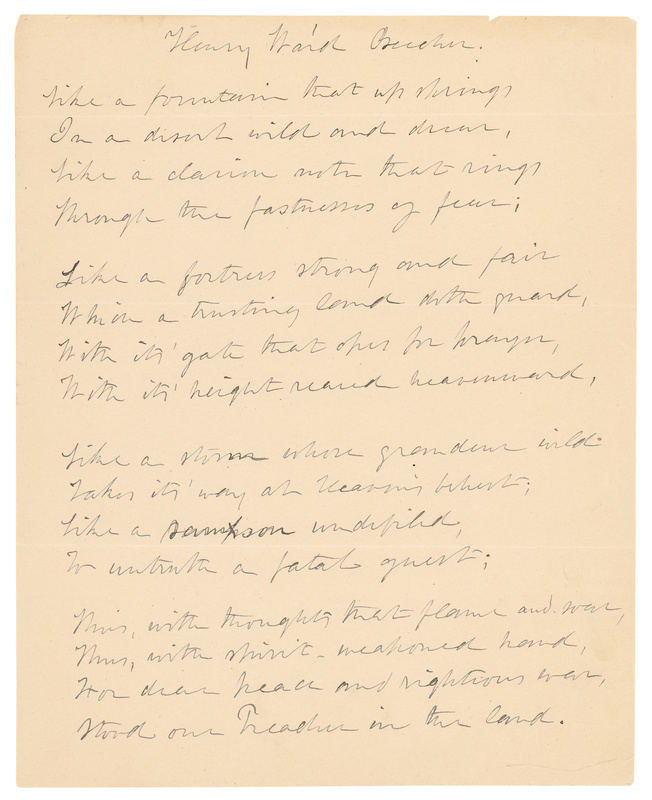 Lot 374 Julia Ward Howe Autograph Manuscript Signed for a Poem Honoring Henry Ward Beecher
