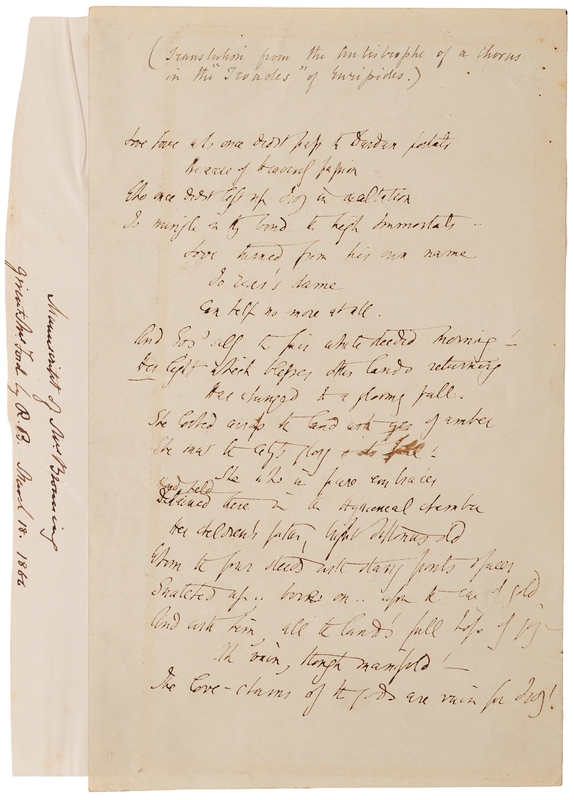 Lot 329 Elizabeth Barrett Browning Handwritten Poem - A Translation of a Chorus by Euripides