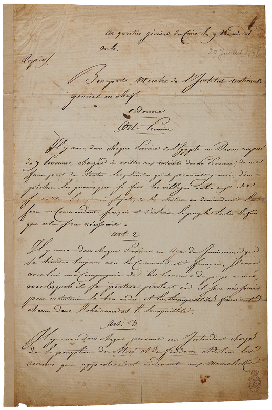 Lot 175 Napoleon Document Signed, Establishing the Administrative Structure of Occupied Egypt