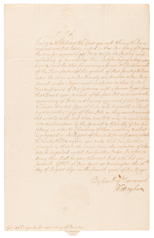 Lot 92 Queen Mary II Letter Signed to Edmund Andros, Colonial Governor of Virginia, Regarding Economic Acts