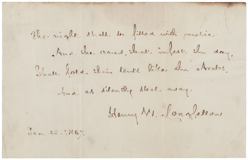 Lot 379 Henry Wadsworth Longfellow Autograph Quotation Signed from 'The Day Is Done'