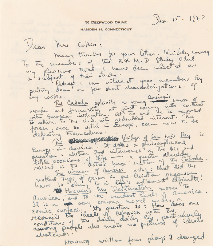 Lot 390 Thornton Wilder Autograph Letter Signed on Our Town, The Cabala, and The Bridge of San Luis Rey