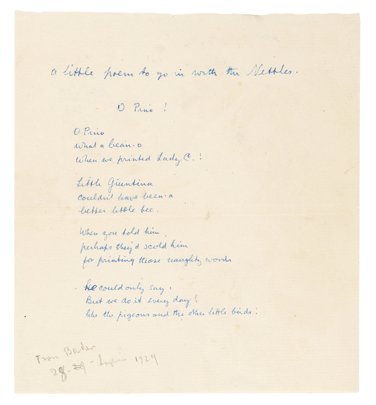 Lot 377 D. H. Lawrence Handwritten Poem on the Publication of Lady Chatterley's Lover