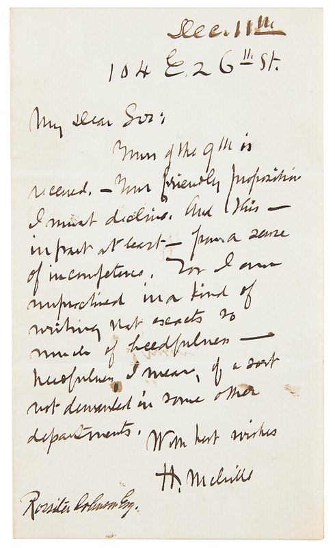 Lot 347 Herman Melville Autograph Letter Signed, Declining an Encyclopedia Writing Job