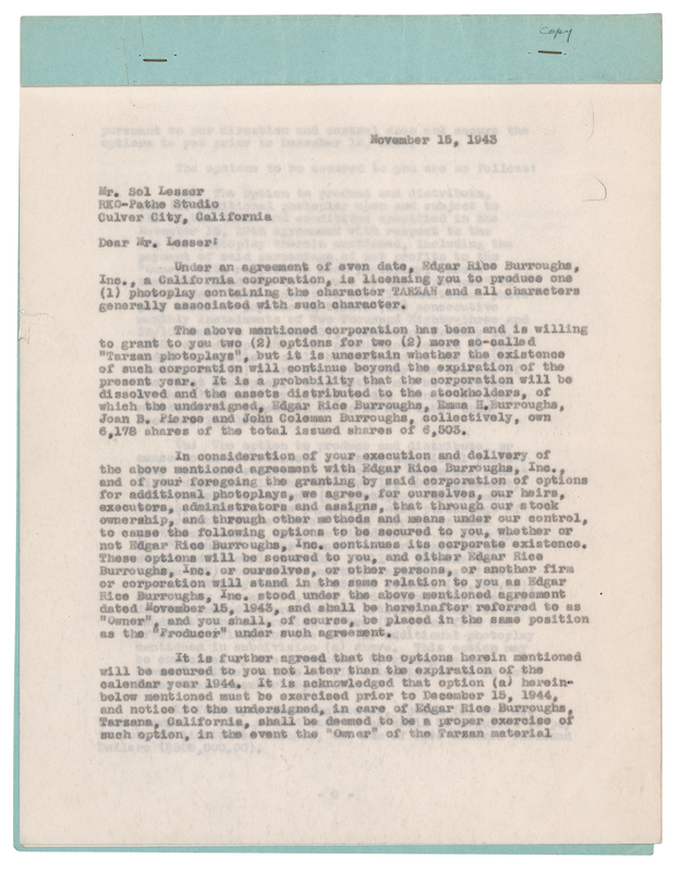 Lot 359 Edgar Rice Burroughs Document Signed for Tarzan Films by RKO