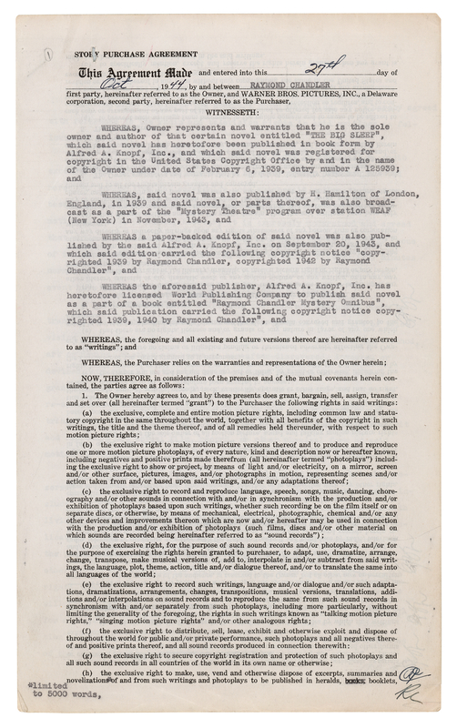 Lot 360 Raymond Chandler Signed Contract for 'The Big Sleep' - Initialed 13 Times!