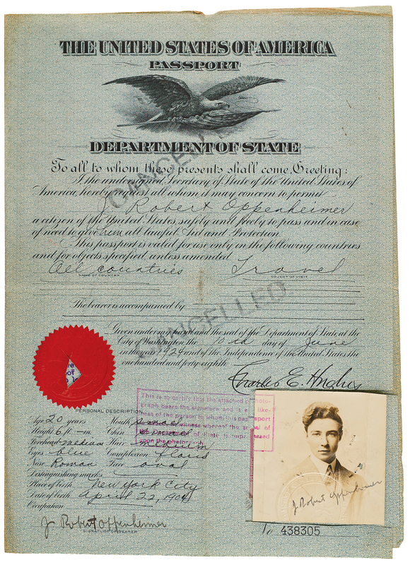 Lot 113 Robert Oppenheimer Historic Twice-Signed U.S. Passport (1924) - The 20-Year-Old Harvard Graduate Travels to Europe to Start His Pivotal Studies at Cambridge and Göttingen
