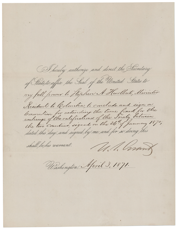 Lot 9 President U. S. Grant Seeks a Canal Agreement with Colombia - Early 1871 Document Related to the Construction of the Panama Canal