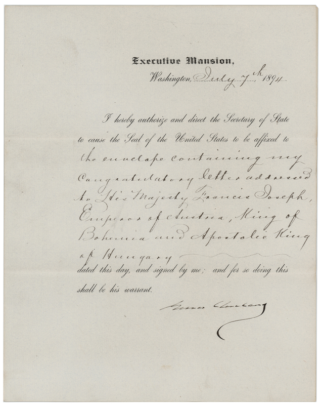 Lot 35 President Grover Cleveland Sends a Congratulatory Letter to Franz Joseph I