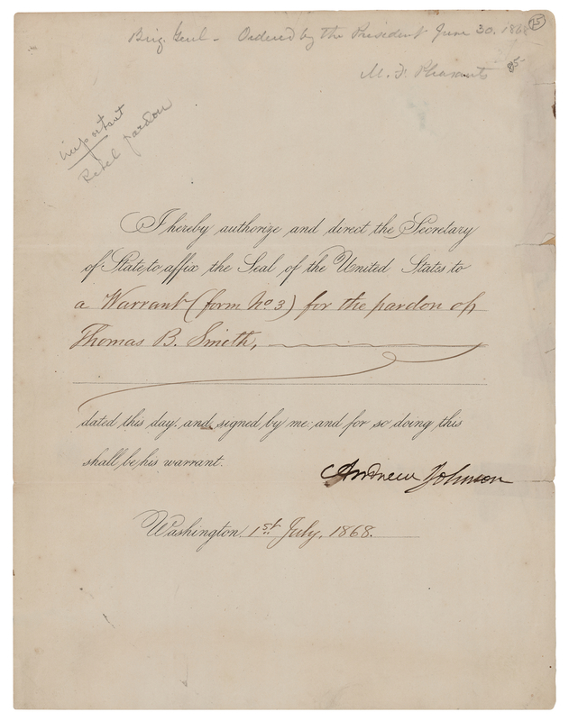 Lot 8 President Andrew Johnson Pardons a Confederate Brigadier General