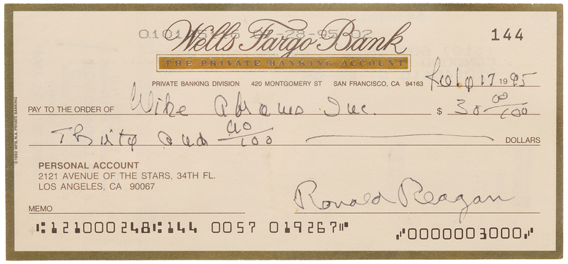 Lot 63 Ronald Reagan Signed Check (Filled Out by Nancy Reagan)
