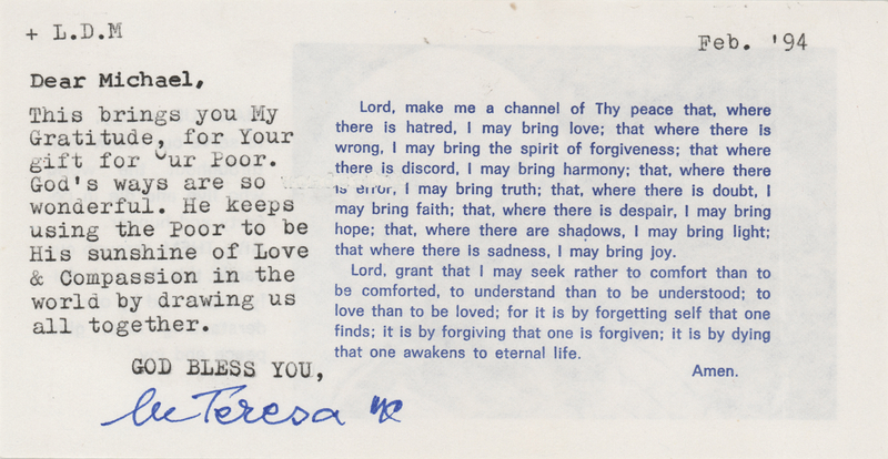 Lot 150 Mother Teresa Typed Letter Signed
